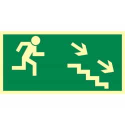 Kierunek do wyjścia drogi ewakuacyjnej schodami w duł  w prawo